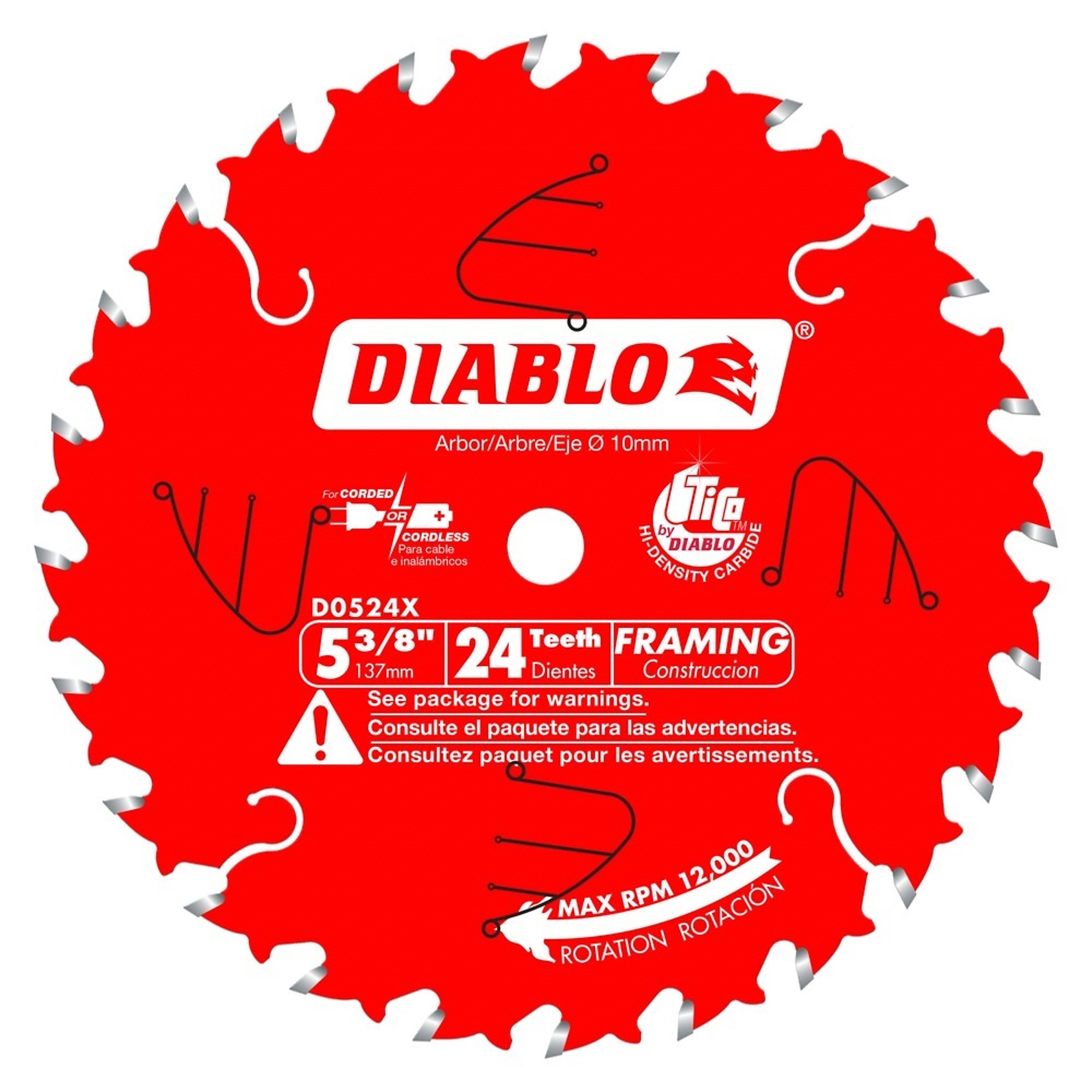Diablo, 5 3/8 x 24 Framing Trim Blade, Blade Diameter 5 3/8 in, Teeth Per Inch 24 TPI, Included (qty.) 1, Model# D0524X